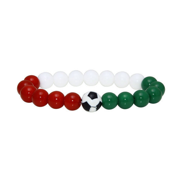 Soccer Theme Stretch Bracelet with Mexico-Inspired Red, White & Green Beads