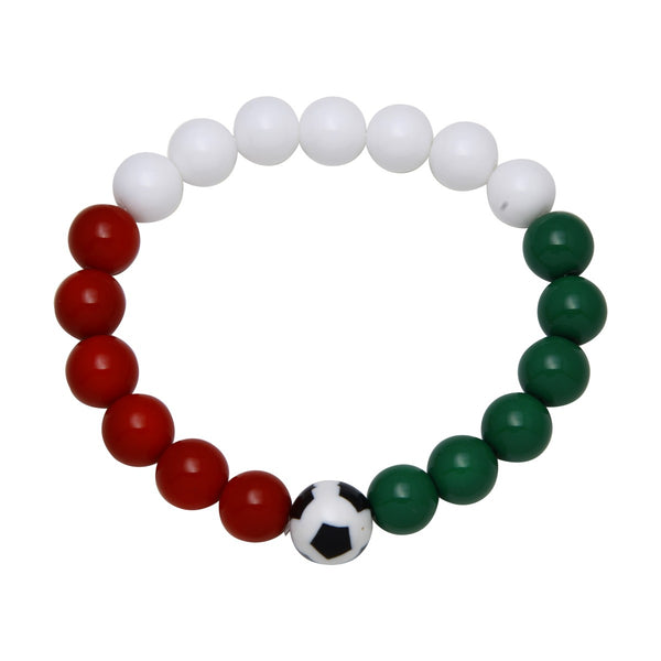 Soccer Theme Stretch Bracelet with Mexico-Inspired Red, White & Green Beads