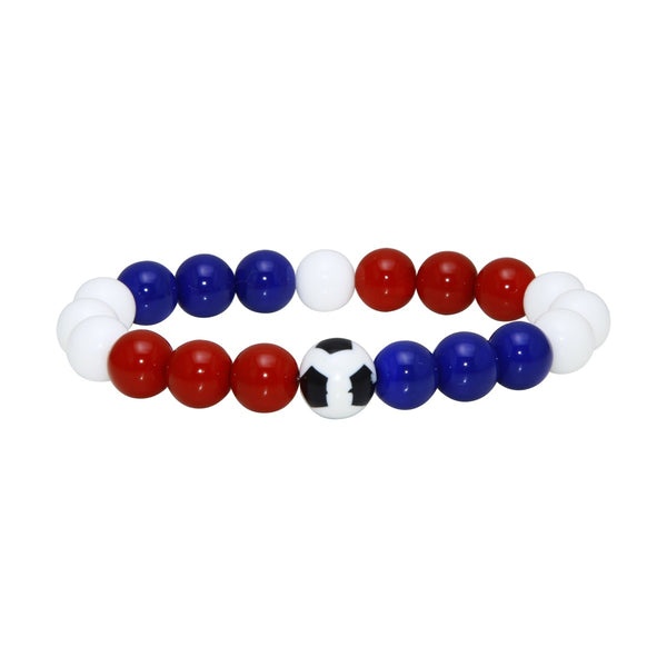 Soccer Theme Stretch Bracelet with USA-Inspired Red, White and Blue Beads
