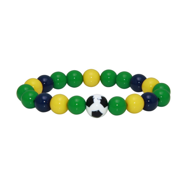 Soccer Theme Stretch Bracelet with Brazil-Inspired Green, Yellow and Dark Blue Beads