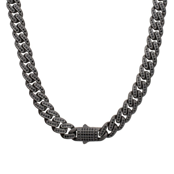 Inox 22-inch 12MM Black PVD Stainless Steel Curb Chain with Black Spinel