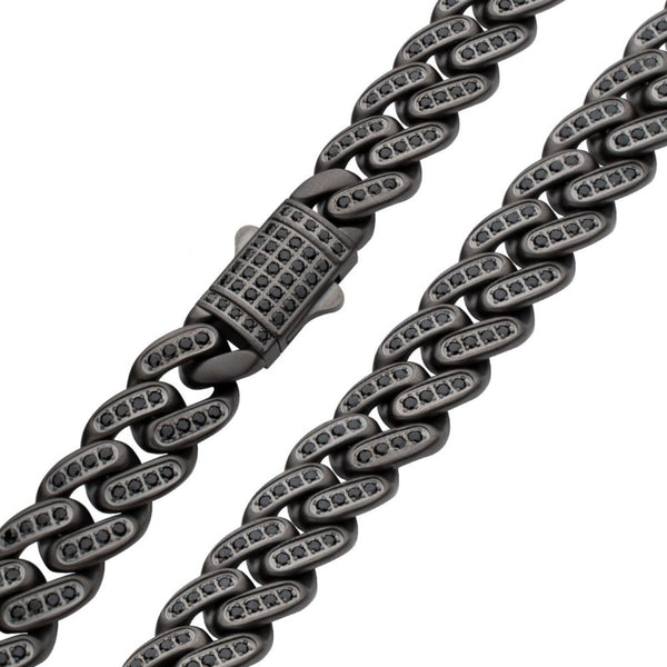 Inox 22-inch 12MM Black PVD Stainless Steel Curb Chain with Black Spinel