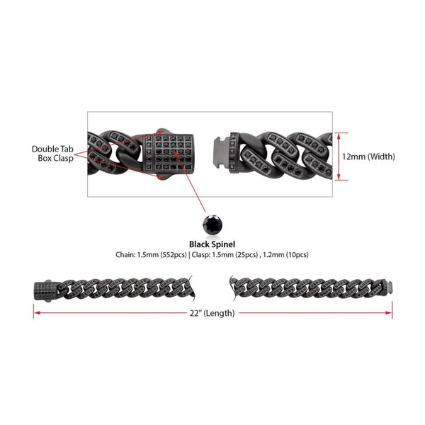Inox 22-inch 12MM Black PVD Stainless Steel Curb Chain with Black Spinel