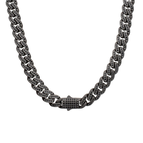 Inox 24-inch 12MM Black PVD Stainless Steel Curb Chain with Black Spinel