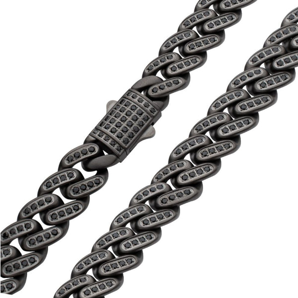 Inox 24-inch 12MM Black PVD Stainless Steel Curb Chain with Black Spinel