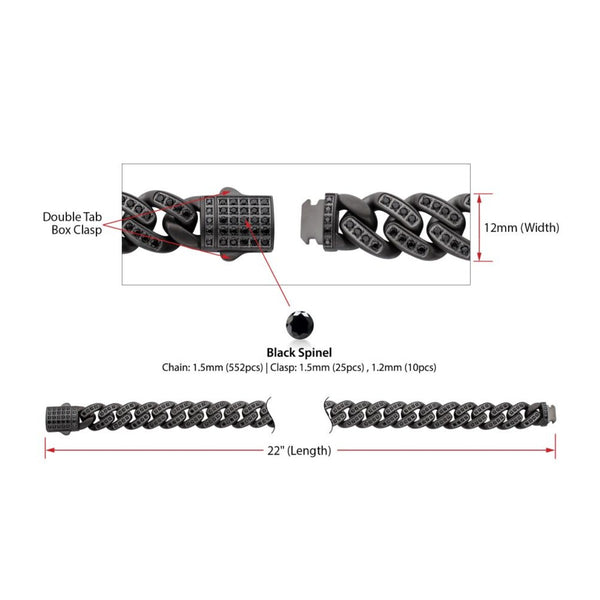 Inox 24-inch 12MM Black PVD Stainless Steel Curb Chain with Black Spinel