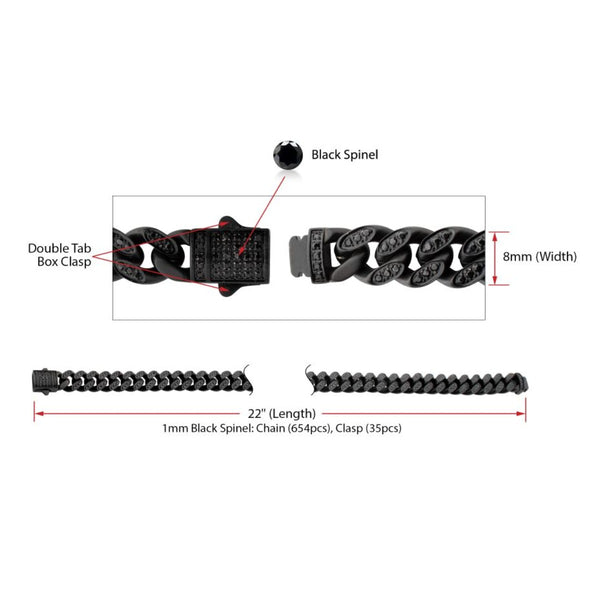 Inox 22-inch Black PVD Stainless Steel Curb Chain with Black Spinel