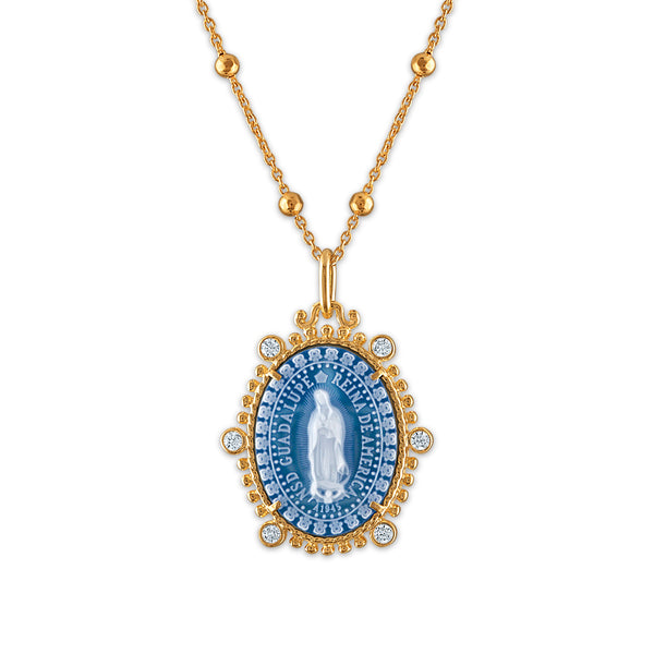 Frank Ronay Collection Blue Agate and Cubic Zirconia 20X16MM 18-inch Guadalupe Pendant in 18KT Yellow Gold Plated Sterling Silver