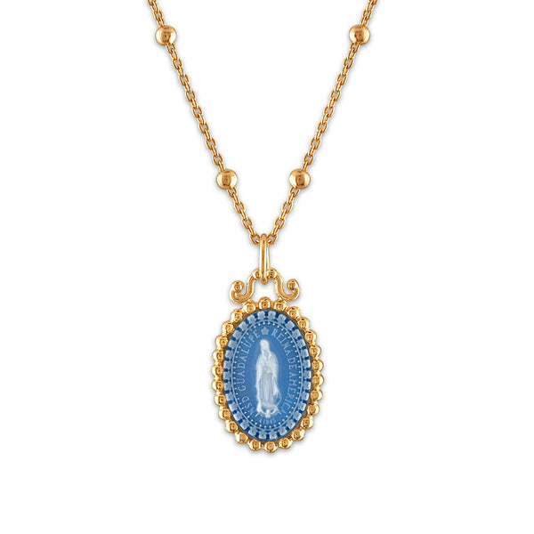 Frank Ronay Collection Blue Agate 15X10MM 18-inch Guadalupe Pendant in 18KT Yellow Gold Plated Sterling Silver