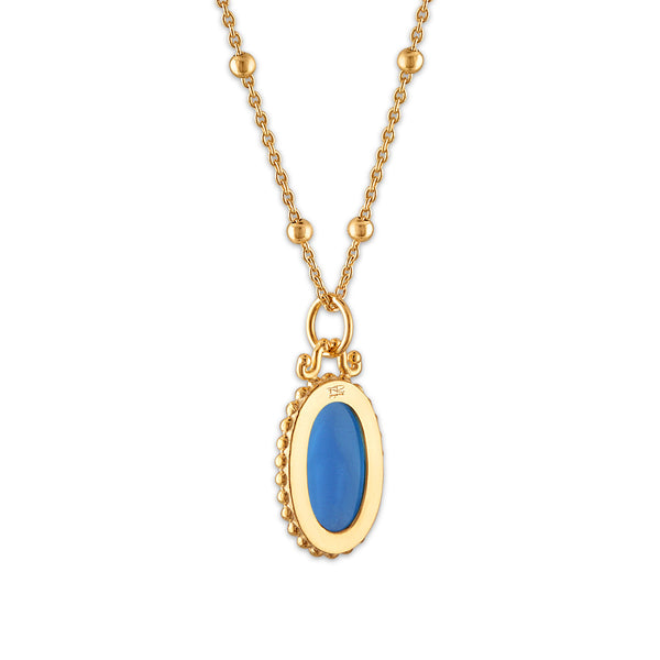 Frank Ronay Collection Blue Agate 15X10MM 18-inch Virgen Milagrosa Pendant in 18KT Yellow Gold Plated Sterling Silver