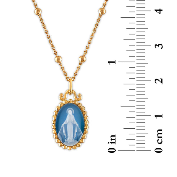 Frank Ronay Collection Blue Agate 15X10MM 18-inch Virgen Milagrosa Pendant in 18KT Yellow Gold Plated Sterling Silver