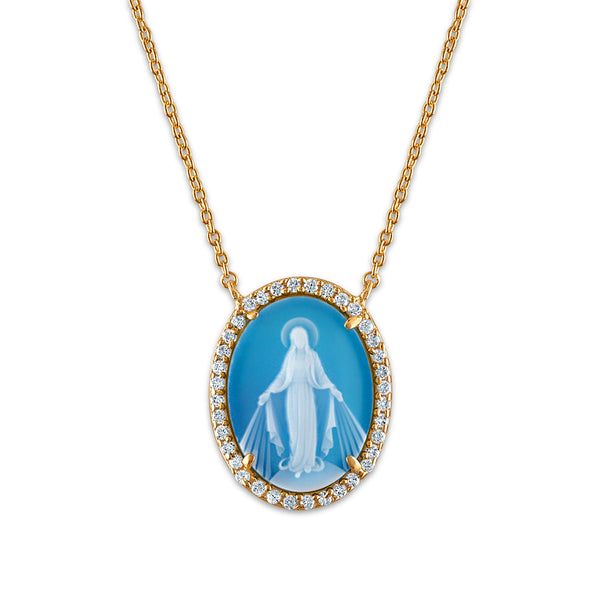 Frank Ronay Collection Blue Agate and Cubic Zirconia 20X15MM 18-inch Virgen Milagrosa Pendant in 18KT Yellow Gold Plated Sterling Silver