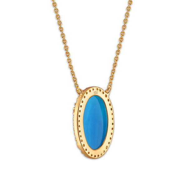 Frank Ronay Collection Blue Agate and Cubic Zirconia 20X15MM 18-inch Virgen Milagrosa Pendant in 18KT Yellow Gold Plated Sterling Silver