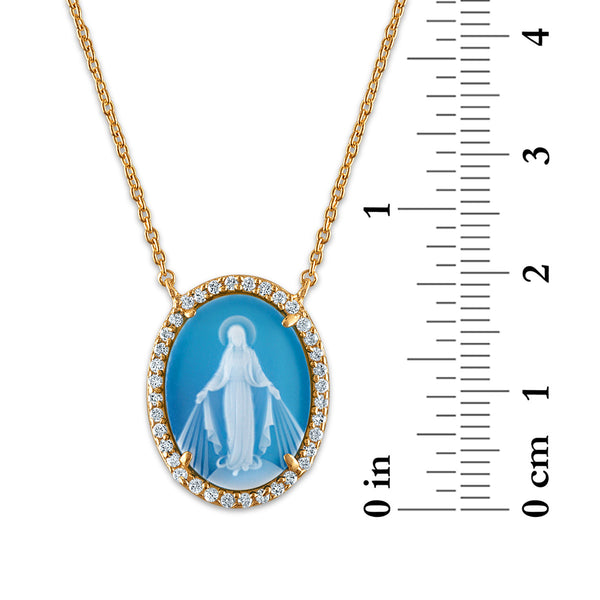 Frank Ronay Collection Blue Agate and Cubic Zirconia 20X15MM 18-inch Virgen Milagrosa Pendant in 18KT Yellow Gold Plated Sterling Silver