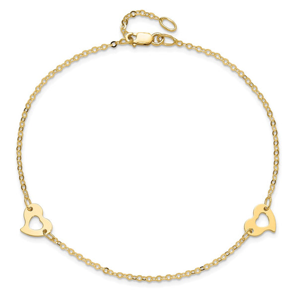 14KT Yellow Gold 9+1-inch extender Adjustable Heart Anklet