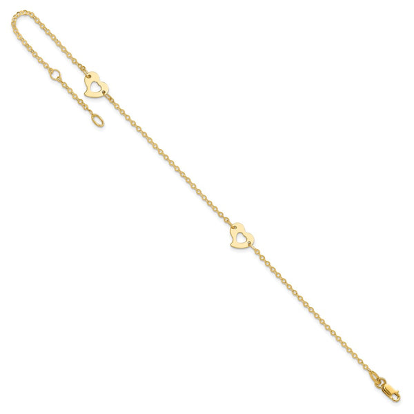 14KT Yellow Gold 9+1-inch extender Adjustable Heart Anklet