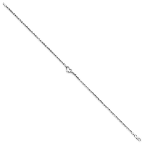 14KT White Gold 10-inch 2MM Diamond-cut Lobster Clasp Rope Heart Anklet