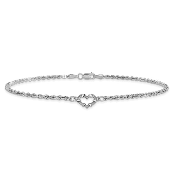 14KT White Gold 10-inch 2MM Diamond-cut Lobster Clasp Rope Heart Anklet