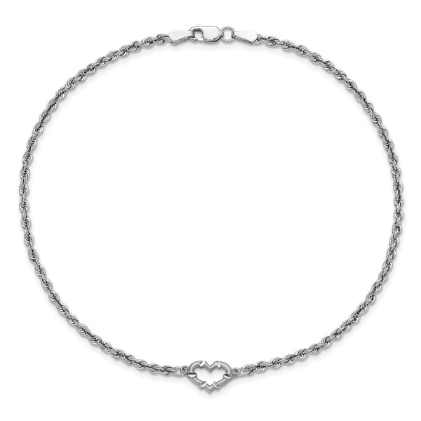 14KT White Gold 10-inch 2MM Diamond-cut Lobster Clasp Rope Heart Anklet