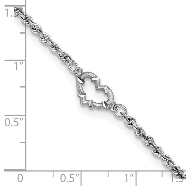 14KT White Gold 10-inch 2MM Diamond-cut Lobster Clasp Rope Heart Anklet