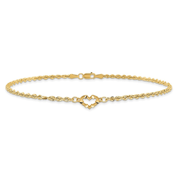 14KT Yellow Gold 10-inch 2MM Diamond-cut Lobster Clasp Rope Heart Anklet