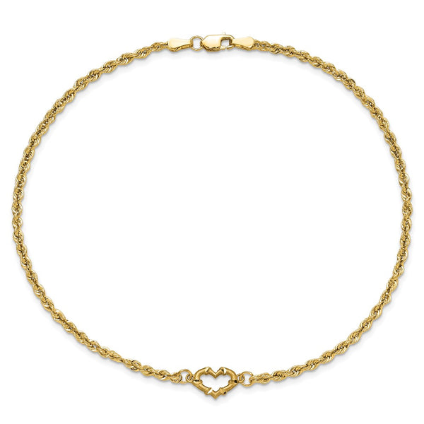 14KT Yellow Gold 10-inch 2MM Diamond-cut Lobster Clasp Rope Heart Anklet