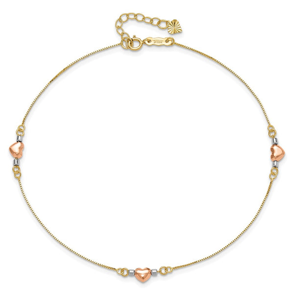 14KT Gold Tri-Color 9+1-inch extender Adjustable Heart Anklet