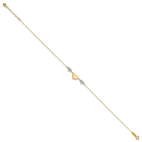 14KT Gold Two-tone  Puffed Heart LOVE 9in Plus 1in Ext Anklet