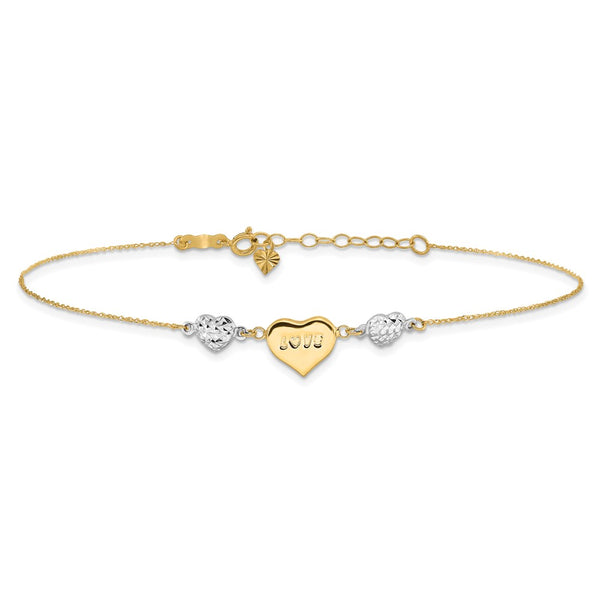 14KT Gold Two-tone  Puffed Heart LOVE 9in Plus 1in Ext Anklet