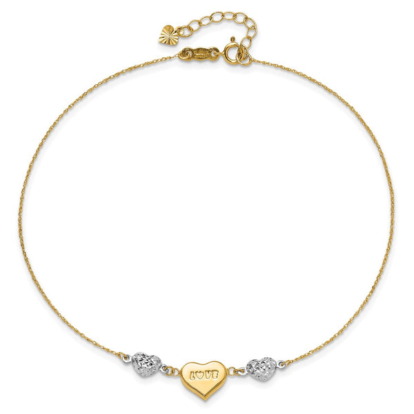 14KT Gold Two-tone  Puffed Heart LOVE 9in Plus 1in Ext Anklet