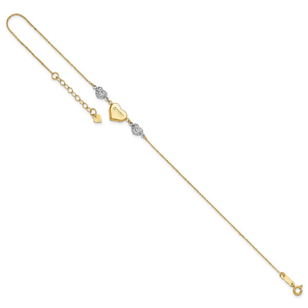 14KT Gold Two-tone  Puffed Heart LOVE 9in Plus 1in Ext Anklet