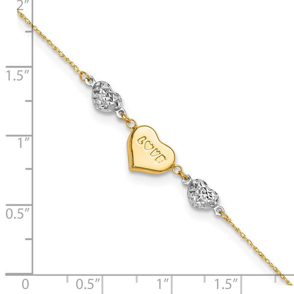 14KT Gold Two-tone  Puffed Heart LOVE 9in Plus 1in Ext Anklet