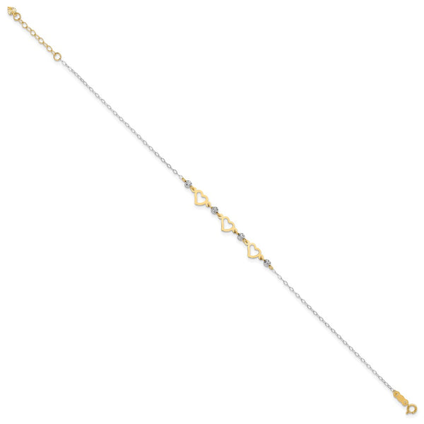 14KT Gold Two-tone Oval Link w/  Beads & Heart 9in Plus 1in Ext Anklet