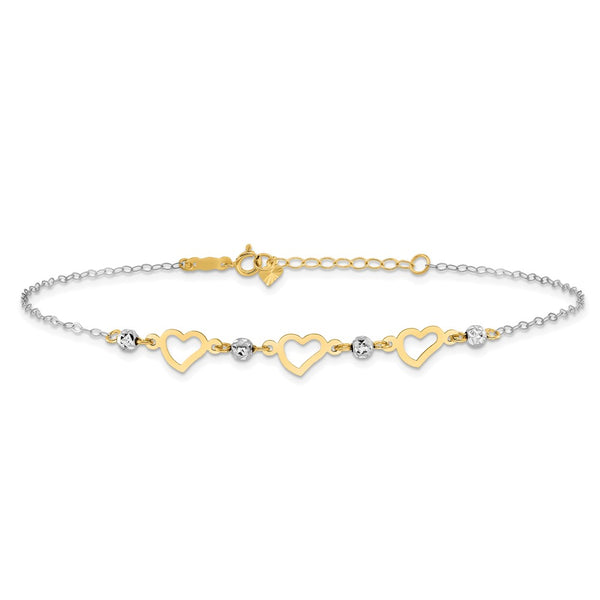 14KT Gold Two-tone Oval Link w/  Beads & Heart 9in Plus 1in Ext Anklet