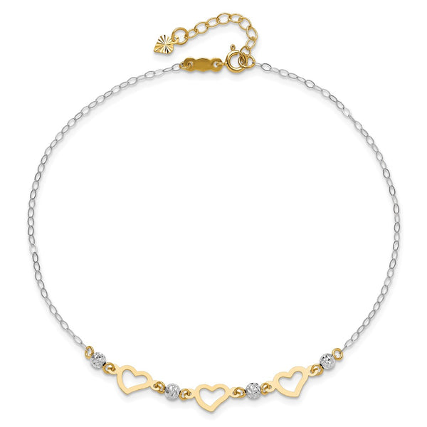 14KT Gold Two-tone Oval Link w/  Beads & Heart 9in Plus 1in Ext Anklet