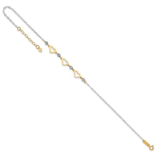 14KT Gold Two-tone Oval Link w/  Beads & Heart 9in Plus 1in Ext Anklet