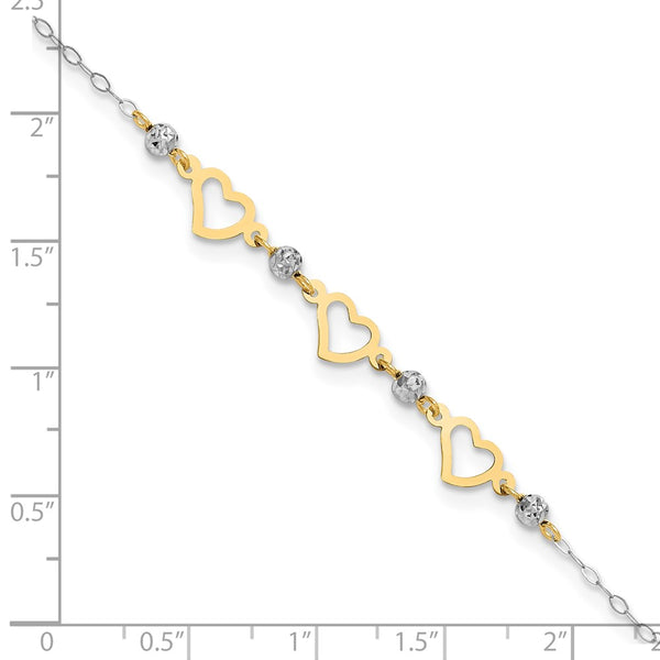 14KT Gold Two-tone Oval Link w/  Beads & Heart 9in Plus 1in Ext Anklet