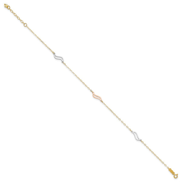 14KT Gold Tri-color with Open S Links 9-inch + 1-inch Extender Anklet