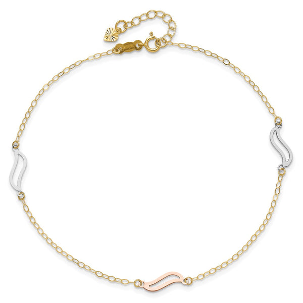 14KT Gold Tri-color with Open S Links 9-inch + 1-inch Extender Anklet