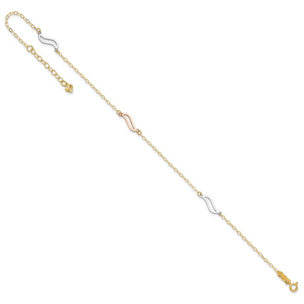 14KT Gold Tri-color with Open S Links 9-inch + 1-inch Extender Anklet
