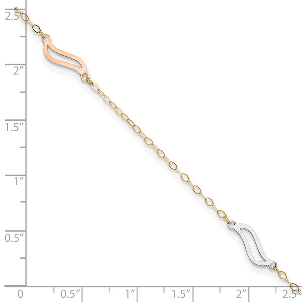 14KT Gold Tri-color with Open S Links 9-inch + 1-inch Extender Anklet