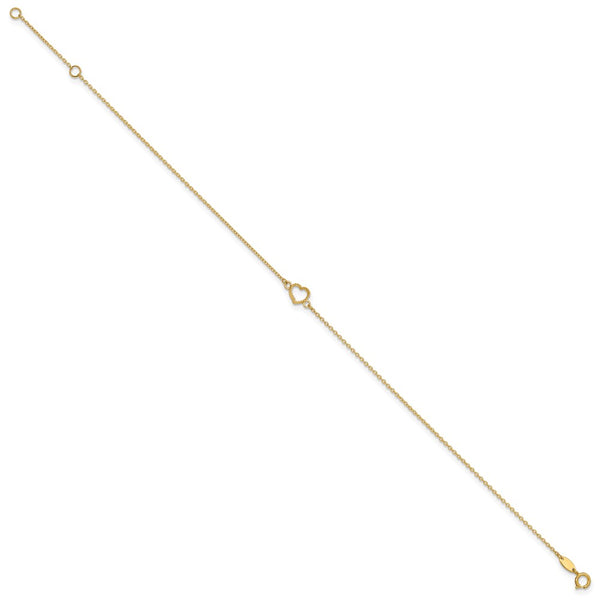 14K Gold Textured and Polished Heart 9in Plus 1in ext. Anklet