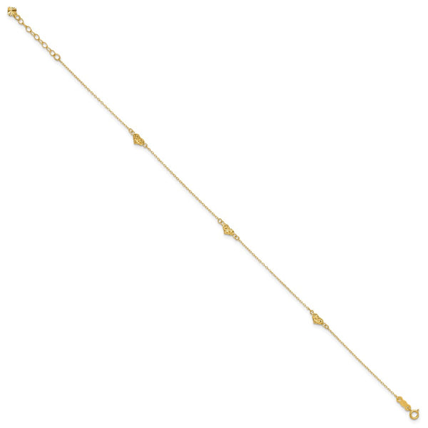 14KT Yellow Gold 9+1-inch Extender Triple Heart Anklet