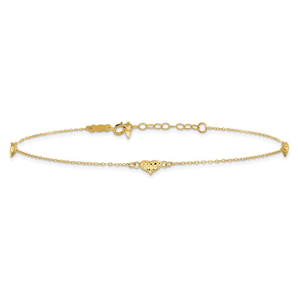 14KT Yellow Gold 9+1-inch Extender Triple Heart Anklet