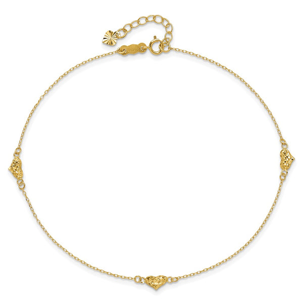 14KT Yellow Gold 9+1-inch Extender Triple Heart Anklet