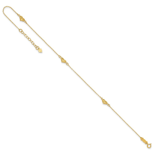 14KT Yellow Gold 9+1-inch Extender Triple Heart Anklet