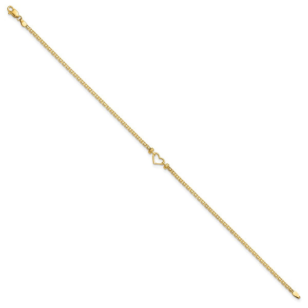 14KT Yellow Gold 9-inch Lobster Clasp Fancy Heart Anklet