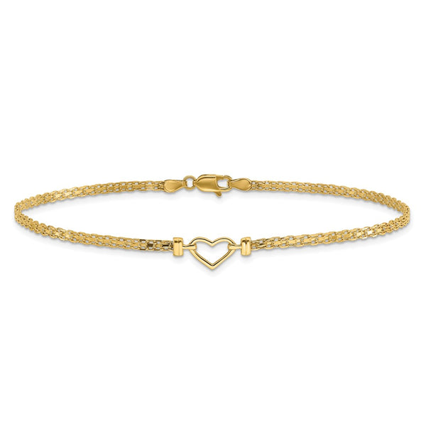 14KT Yellow Gold 9-inch Lobster Clasp Fancy Heart Anklet