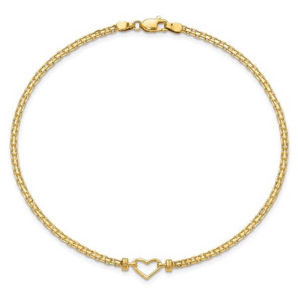 14KT Yellow Gold 9-inch Lobster Clasp Fancy Heart Anklet