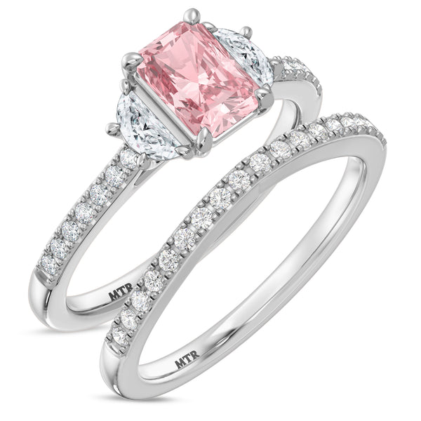 My Trio Rings Aurel 1-3/4 CTW Lab Grown Radiant Solitaire Pink Diamond Bridal Set in 10KT White Gold